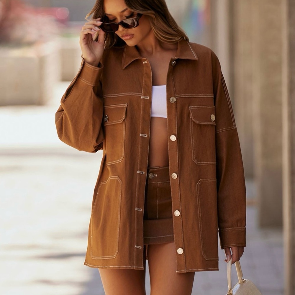 Stylish Brown mini skirt & oversized matching jacket set